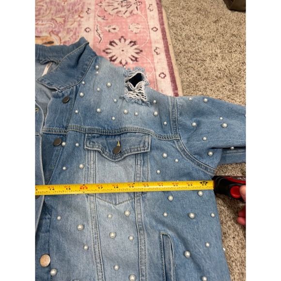 Oversized Free People Sunday Funday Pearl Jean Denim Distressed Jacket L Cotton - Picture 7 of 8